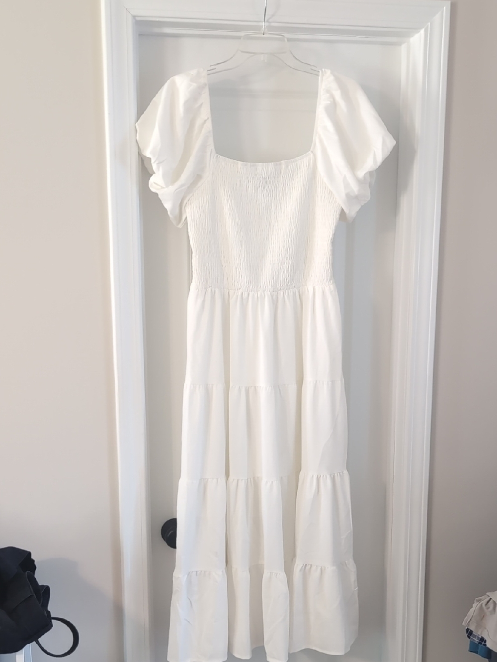 White Puff-Sleeve Smocked Midi Dress - Unbranded
